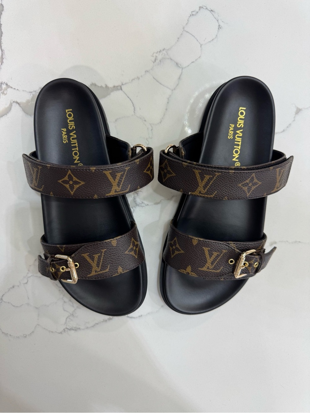 Louis Vuitton Monogram Canvas Double-Strap Slide Sandals - Brown/Black
